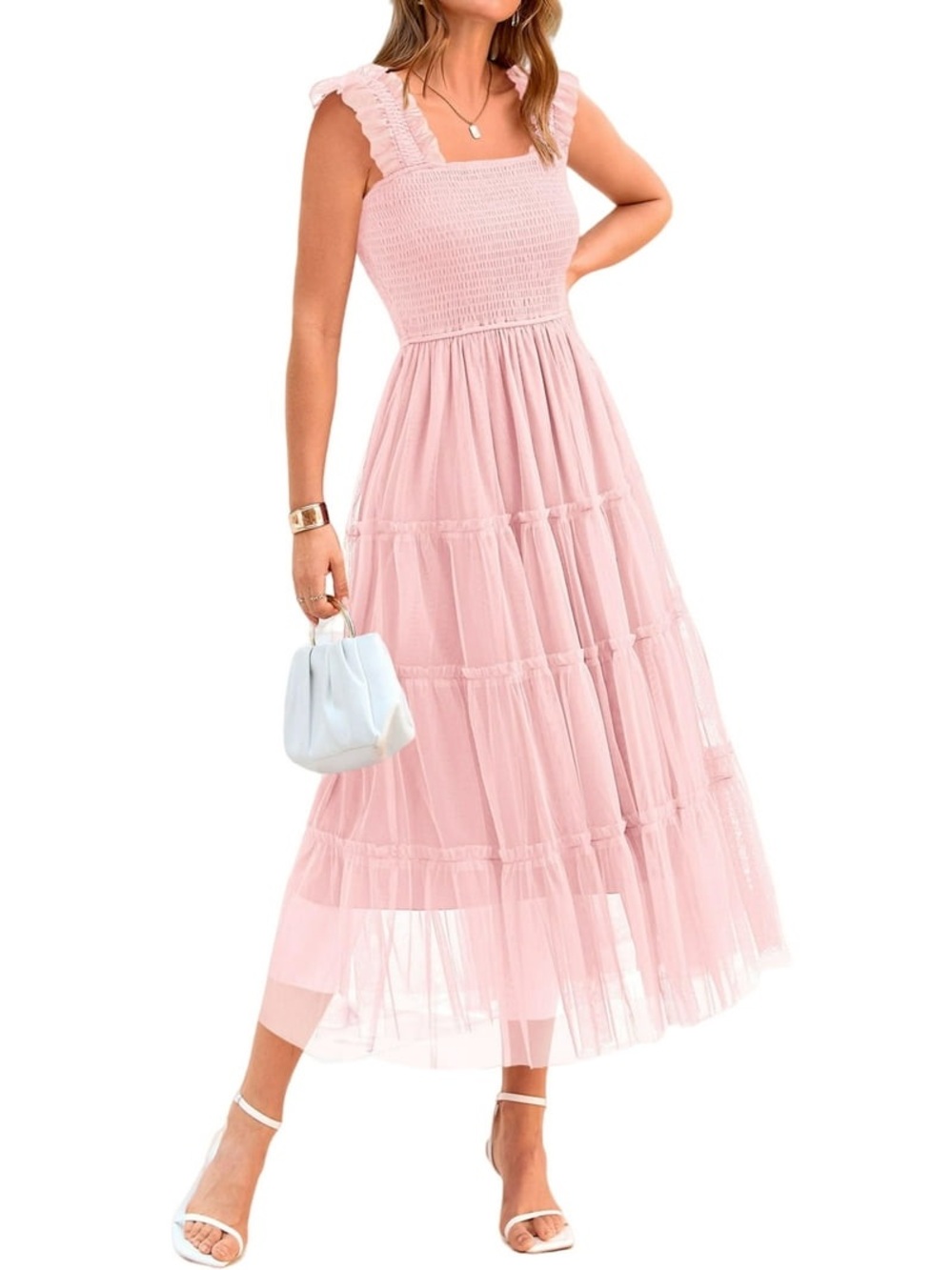 Pretty Garden Light Pink Tiered Tulle Midi Dress